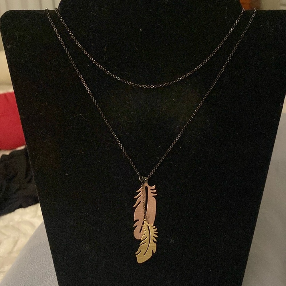 Sterling Silver Black-plated Rose & Gold-tone Feather Necklace